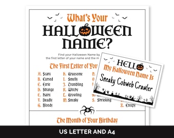 What's Your Halloween Name, Printable Halloween Name Game for a Halloween Party, Halloween Name Generator & Name Tags, Halloween Icebreaker