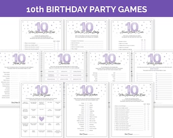 Purple 10th Birthday Party Games, Printable Tenth Birthday Games with Birthday Girl Trivia, Fun Activities for a 10-Year-Old Girl's Birthday