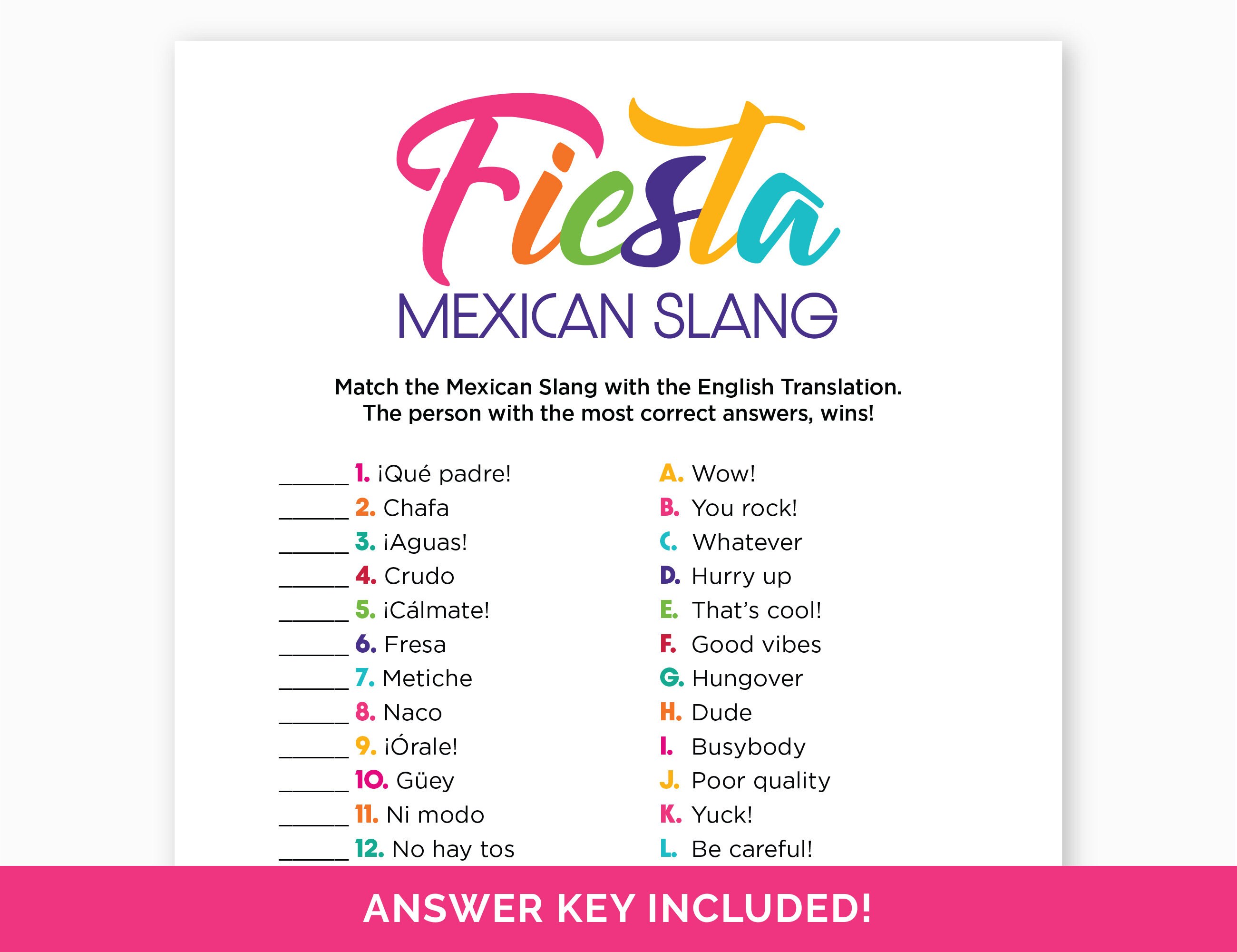 Fiesta Mexican Slang Game, Printable Trivia Game for a Fiesta Birthday ...