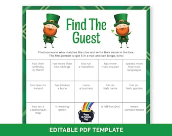 Editable St. Patricks Day Find the Guest Bingo, St. Paddys Day Party Icebreaker Game, Find Someone Who Human Bingo, Mix & Mingle Bingo Game.