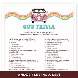 60&#39;s Trivia Game, Printable Quiz with Answers for a 60&#39;s Theme Party, 1960&#39;s Trivia Game for a Groovy Hippie Party, 60th Birthday Party Game