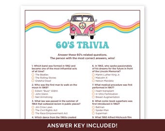 60's Trivia Game, Printable Quiz with Answers for a 60's Theme Party, 1960's Trivia Game for a Groovy Hippie Party, 60th Birthday Party Game