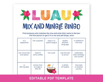 Editable Luau Mix & Mingle Bingo, Hawaiian Tiki Party Icebreaker Game, Find Someone Who Human Bingo, Find The Guest Tropical Birthday Game.