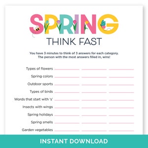 Spring Think Fast Game, Printable Quick Think Spring Party Game for ...