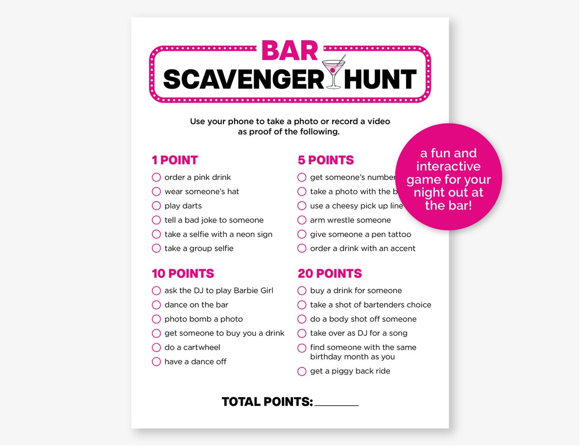Bar Scavenger Hunt, Printable Bar Game for a 21st Birthday Party, Adult ...