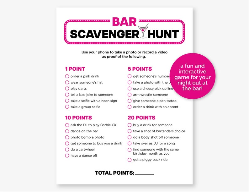 Bar Scavenger Hunt, Printable Bar Game for a 21st Birthday Party, Adult ...
