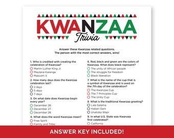 Kwanzaa Trivia Game, Printable Quiz for a Family or Classroom Kwanzaa Celebration Party, Educational Activity for Adults, Teens and Kids.