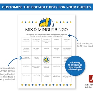 May include: A printable bingo card with a volleyball graphic and the text "Mix & Mingle Bingo". The card has 25 squares with various prompts for players to find someone who matches the description.  The instructions encourage players to "mix & mingle".