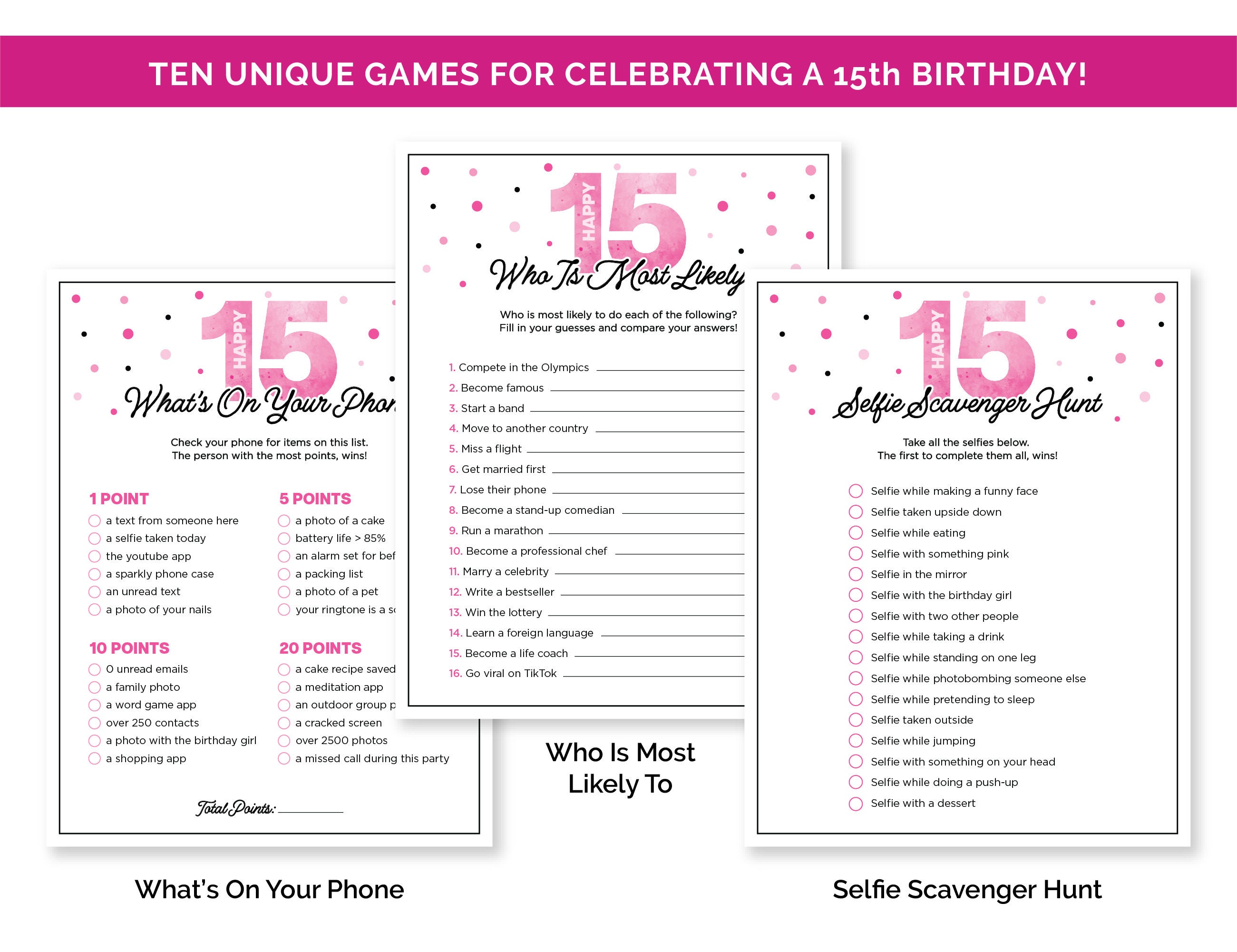 15th Birthday Party Games, Printable Game Bundle for a 15-year-old Girl