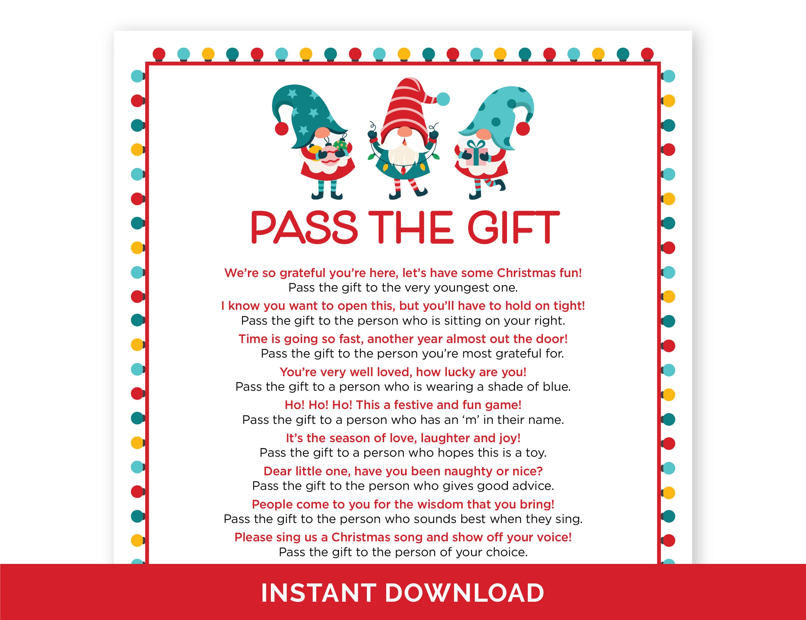 Christmas Pass the Gift Game Printable Pass the Present Holiday Party Game for Adults Kids Christmas Pass the Gift Game Printable Pass the Present Holiday Party Game for Adults Kids