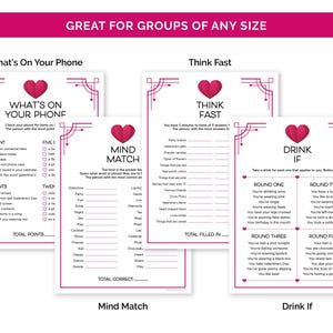 May include: A set of four party game cards with a pink and white design. The games include "What's On Your Phone", "Think Fast", "Mind Match", and "Drink If". Each card features a heart graphic and various game prompts.