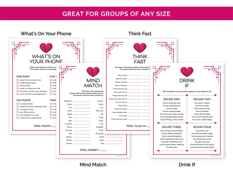 May include: A set of four party game cards with a pink and white design. The games include "What's On Your Phone", "Think Fast", "Mind Match", and "Drink If". Each card features a heart graphic and various game prompts.