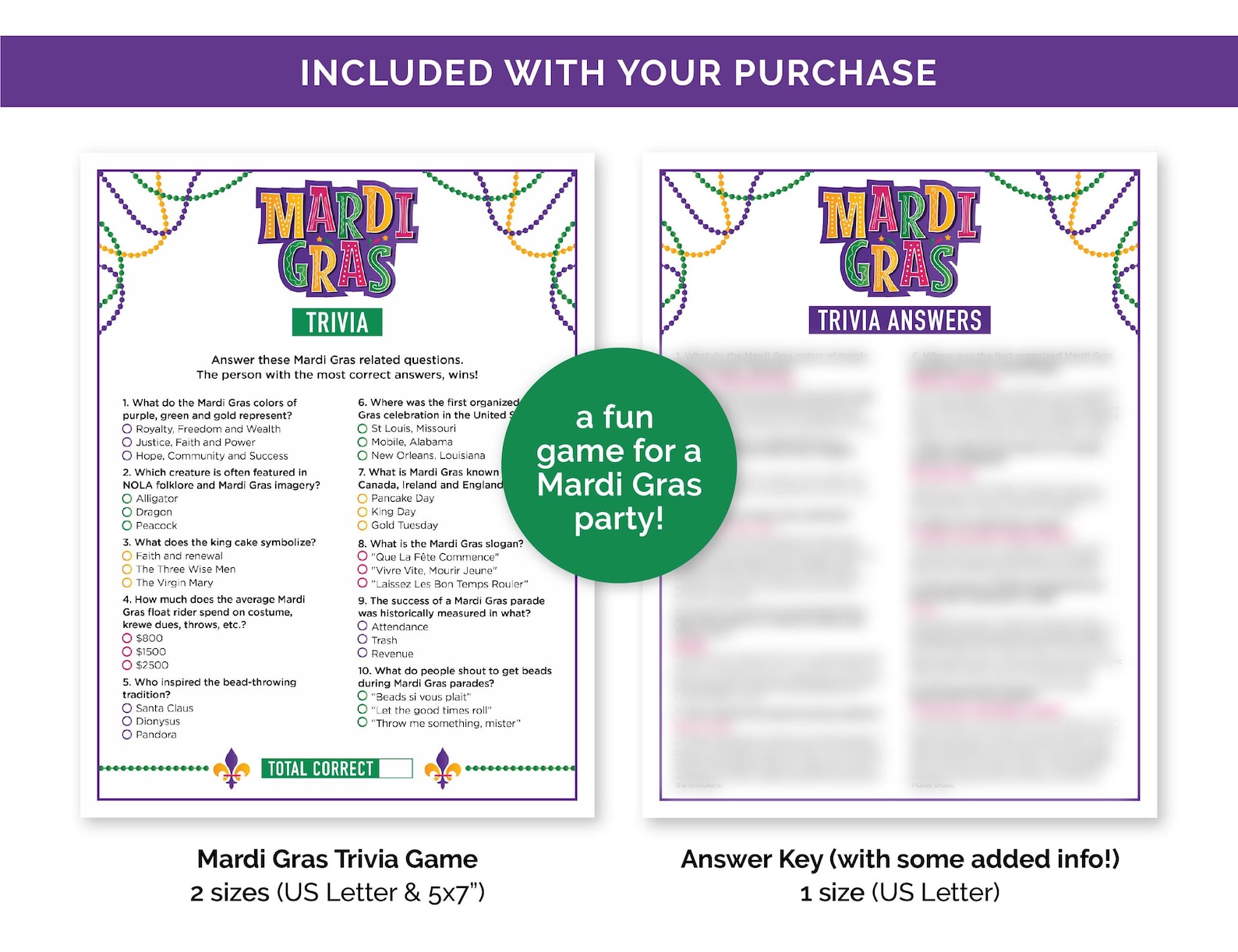 Mardi Gras Trivia Game, Printable Quiz With Answers for a Mardi Gras ...