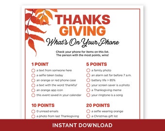 Thanksgiving What&#39;s On Your Phone Game, Printable Thanksgiving Office Party Group Game, Thanksgiving Phone Scavenger Hunt for Adults & Teens