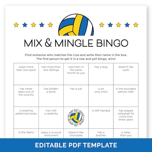 Bingo de voleibol editable Mix & Mingle, juego de formación de equipos de voleibol, juego de bingo Encuentra a alguien que sea humano, juego de rompehielos de voleibol de viaje.