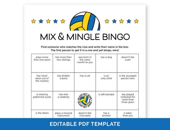 Editable Volleyball Mix & Mingle Bingo, Volleyball Team Building Game, Find Someone Who Human Bingo Game, Travel Volleyball Icebreaker Game.