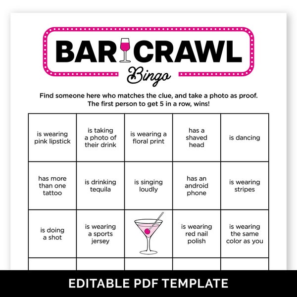 Editable Bar Crawl Bingo Game, Printable Find Someone Who Bar Hopping Game for a Birthday Bar Crawl, Fun Bar Game for a Girls Night Out.