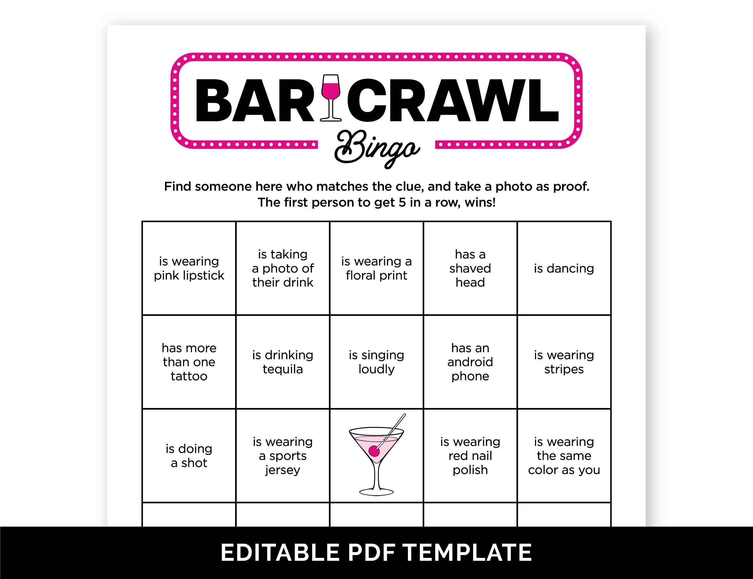 Editable Bar Crawl Bingo Game, Printable Find Someone Who🍘 Descubra o