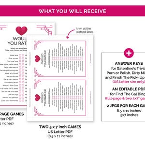 May include: A digital download featuring printable games for Galentine's or bachelorette parties. Includes full-page and 5x7 inch game cards with prompts like "Would You Rather" and answer keys. The games are in US Letter size, 8.5 x 11 inches.