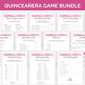Jogos Quinceanera para meninas, pacote de jogos para impressão de 15 anos, jogos de curiosidades para aniversariantes rosa, atividades para adolescentes para uma festa Quinceanera
