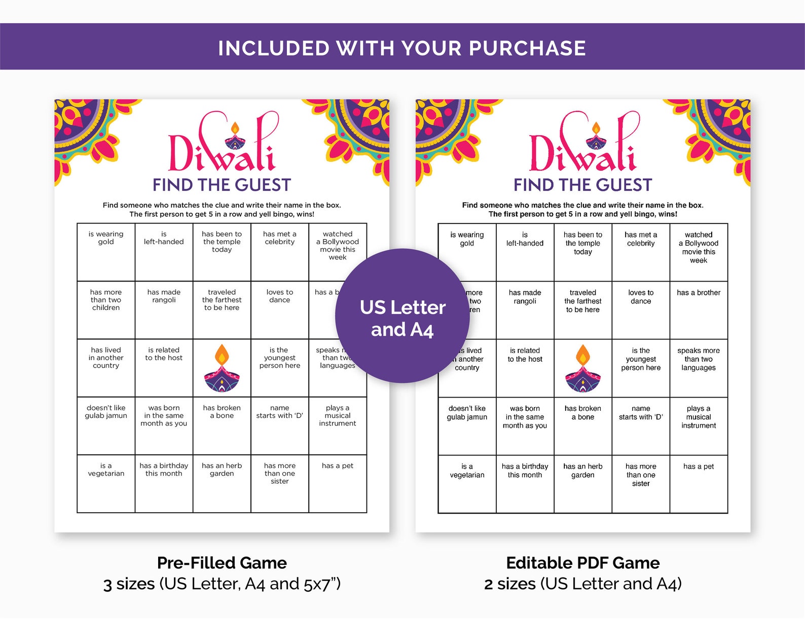 Editable Diwali Find the Guest Bingo Game, Diwali Party Mix and Mingle ...