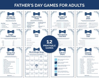 May include: A set of 12 printable Father's Day games for adults, featuring a blue and white bow tie design. Games include trivia, fill-in-the-blanks, and bingo. The title "Father's Day Games for Adults" is displayed at the top of the image.