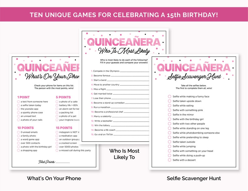 Quinceañera Games for Girls, Printable 15th Birthday Game Bundle, Pink