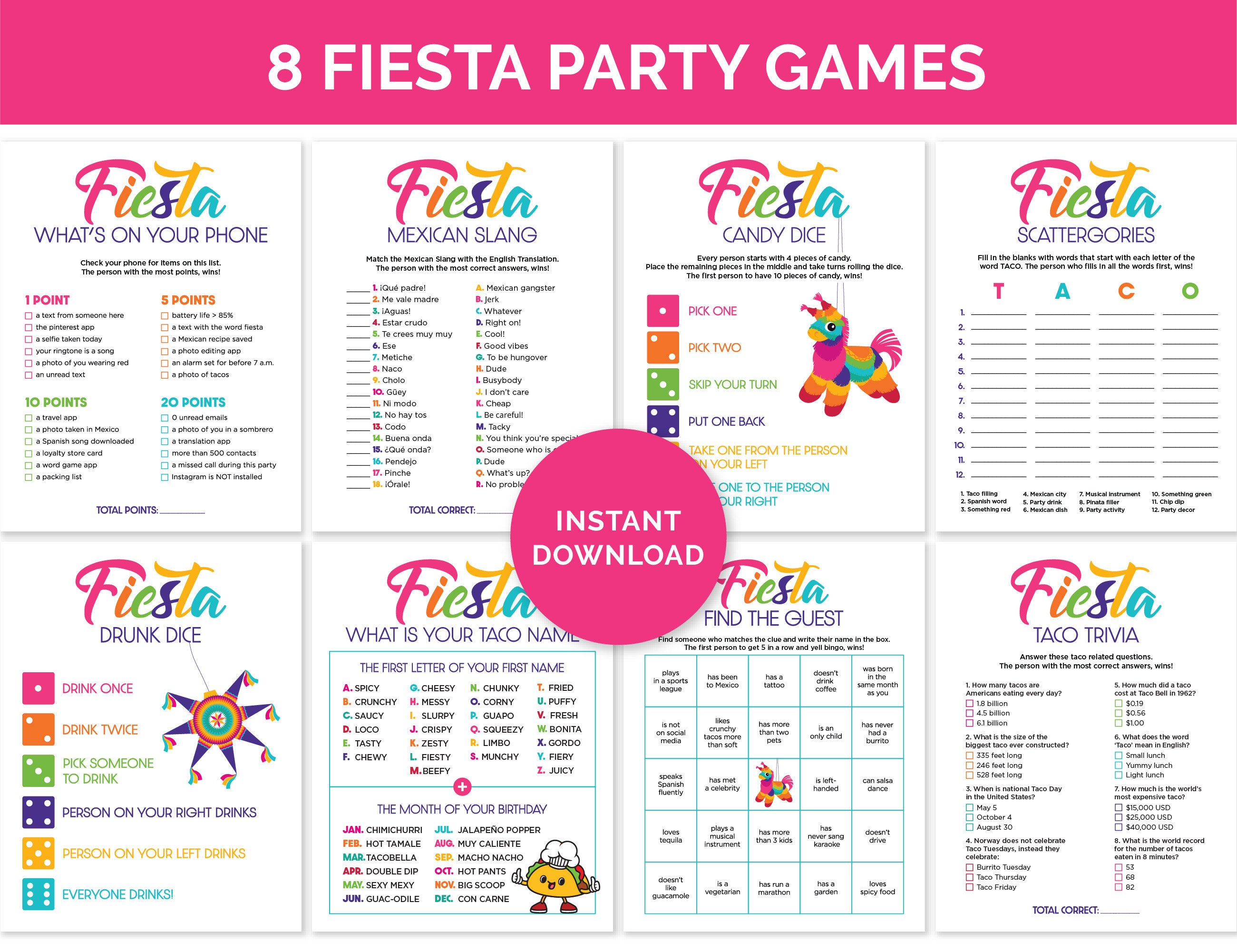 Fiesta Games Bundle Printable Mexican Party Games for a Fiesta