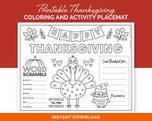 Thanksgiving Coloring Placemat For Kids, Printable Activities Sheet for a Thanksgiving Dinner Table or a Kids Thanksgiving Classroom Party
