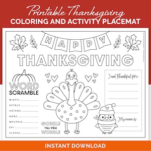 Thanksgiving Coloring Placemat For Kids, Printable Activities Sheet for a Thanksgiving Dinner Table or a Kids Thanksgiving Classroom Party