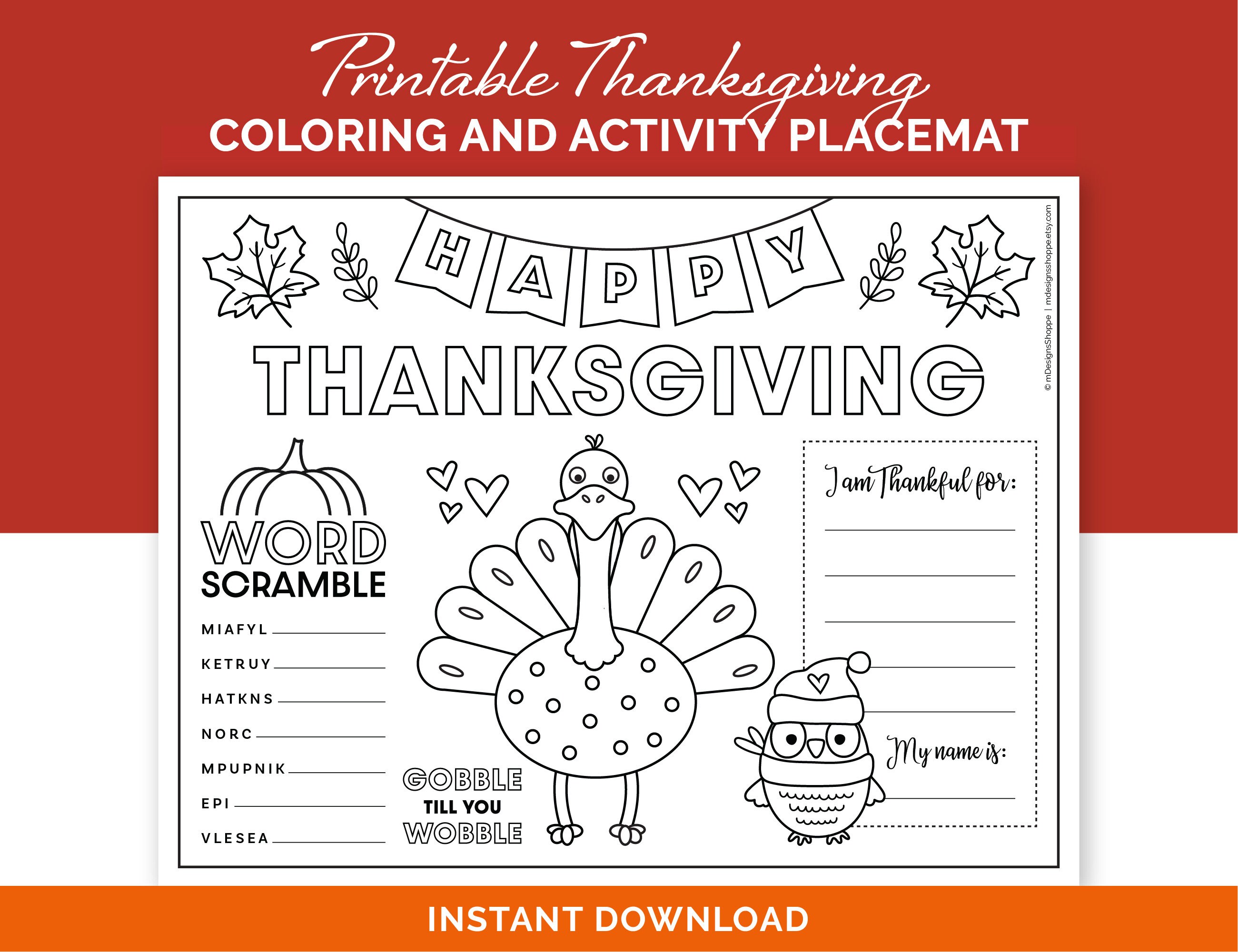 Thanksgiving Coloring Placemat For Kids, Printable Activities Sheet for a Thanksgiving Dinner Table or a Kids Thanksgiving Classroom Party