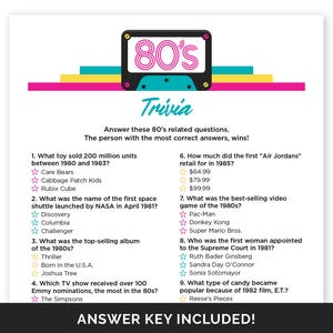 80s Trivia Game, Printable Quiz with Answers for an 1980s Theme Party, Fun Trivia Game for a Back to The 80s Party, 40th Birthday Party Game