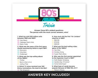 80s Trivia Game, Printable Quiz with Answers for an 1980s Theme Party, Fun Trivia Game for a Back to The 80s Party, 40th Birthday Party Game