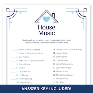 Housewarming Party Game, House Music Match-Up Game, New Home Party Game for Groups, Music Trivia Matching Game for Celebrating a New House.