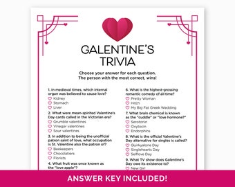 Galentine's Trivia Game, Printable Quiz for a Galentine's Day Party, Galentine's Game for Adults, Valentine's Trivia Questions with Answers.