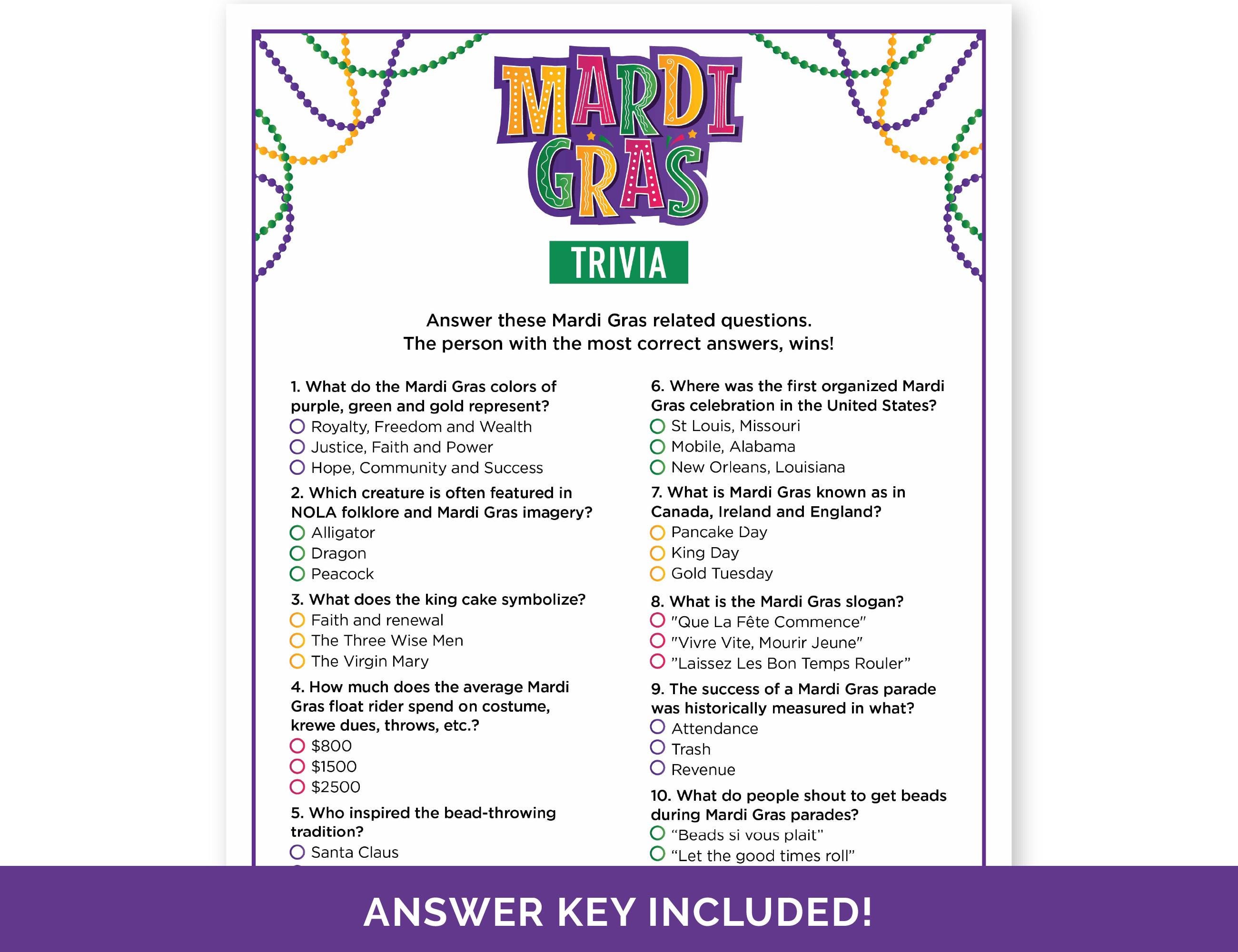 Mardi Gras Trivia Game, Printable Quiz With Answers for a Mardi Gras ...