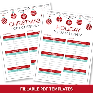 May include: Two printable Christmas potluck sign-up sheets with a red and white holiday theme. The sheets feature a garland of red and white ornaments and the text "Christmas Potluck Sign-Up" and "Holiday Potluck Sign-Up".