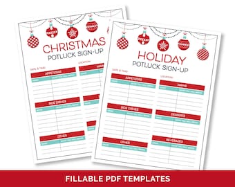 May include: Two printable Christmas potluck sign-up sheets with a red and white festive theme. The sheets feature a garland of red and white baubles and the text "Christmas Potluck Sign-Up" and "Holiday Potluck Sign-Up".