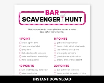 Op de afbeelding: Een printbaar bar-speurtocht spel met een roze en witte kleurstelling. Het spel bevat een lijst met uitdagingen met puntenwaarden voor elke uitdaging. De uitdagingen omvatten het bestellen van een roze drankje, het dragen van een hoed van iemand anders, het maken van een foto met de barman, en meer.