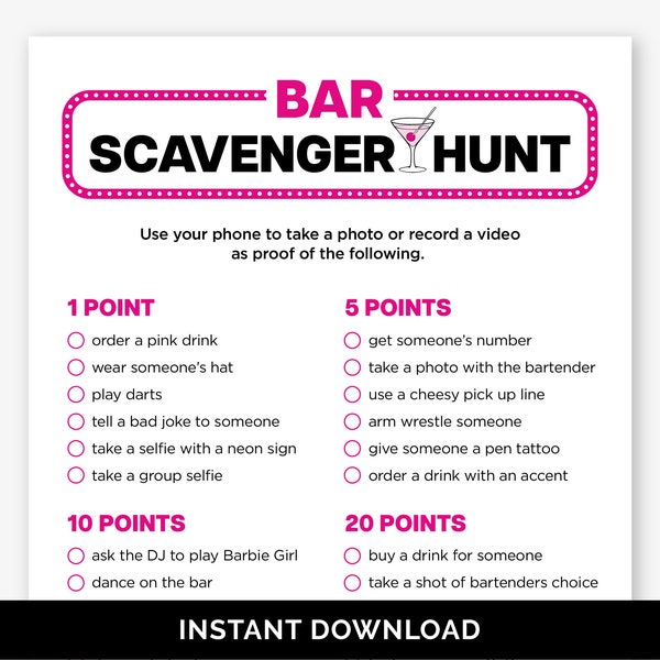 Bar Scavenger Hunt, Printable Bar Game for a 21st Birthday Party, Adult Scavenger Hunt for a Night at the Bar, Girls Night Out Party Game