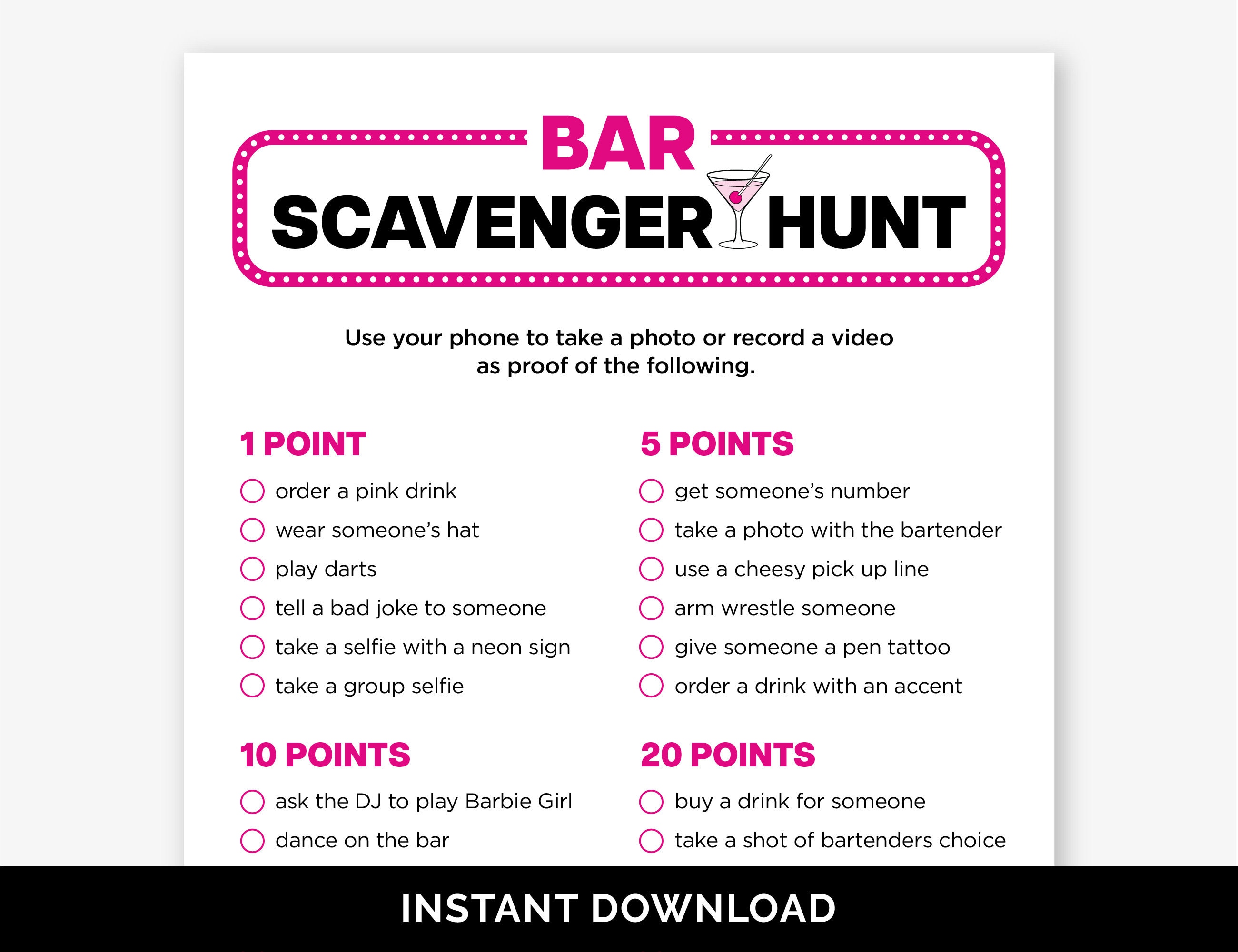 Bar Scavenger Hunt, Printable Bar Game for a 21st Birthday Party, Adult ...