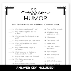 Office Humor Game, Printable Riddles for a Work Party, Workplace Jokes for an Office Party, Office Riddle Me This for a Team Building Event