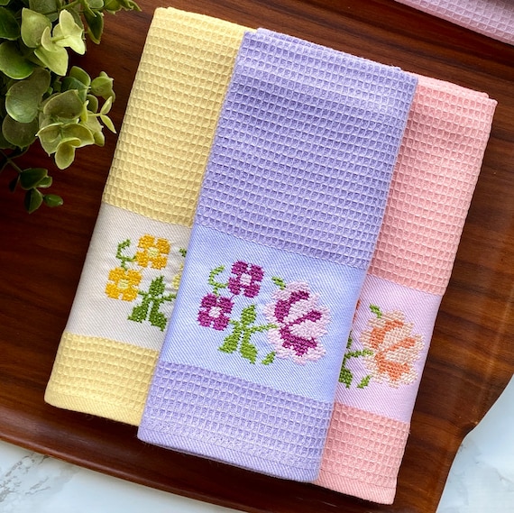 Embroidered Tea Towel Set Pastel Colour Dishcloths Floral Kitchen Hand Towels Cottagecore Spring Decor Etsy
