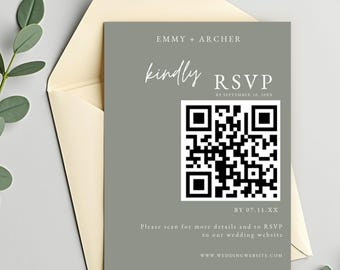 Sage Green Wedding Invitation Suite with QR Code RSVP, Minimal Editable Canva Invite Set, Modern Wedding Template Bundle