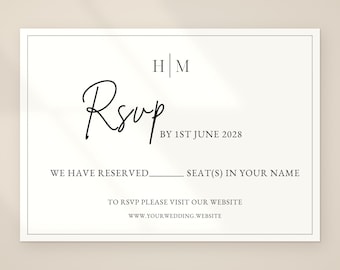 May include: A white rectangular RSVP card with a thin black border. The text reads H | M, Rsvp BY 1ST JUNE 2028, WE HAVE RESERVED______ SEAT(S) IN YOUR NAME, TO RSVP PLEASE VISIT OUR WEBSITE, and WWW.YOURWEDDING.WEBSITE in black serif and script fonts.