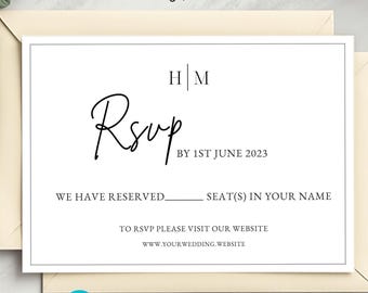 Wedding RSVP Card Template, Minimalist Monogram RSVP, Black & White Printable Response Card, Editable Canva Digital Download