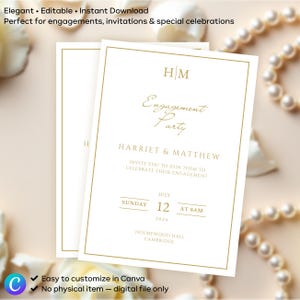 Könnte beinhalten: Zwei weiße Einladungskarten zur Verlobungsfeier mit goldenem Text und Rändern. Der Text lautet "Engagement Party" und lädt Gäste ein, die Verlobung von Harriet & Matthew am 12. Juli 2024 zu feiern. Das Design ist elegant und enthält die Initialen "HM".