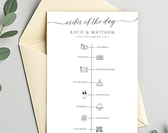 Wedding Order of the Day Card Template, Printable Wedding Timeline with Icons, Minimal Invitation Insert, Editable Canva Download