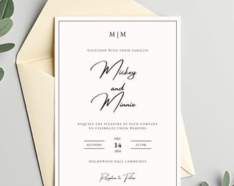 Monogram Wedding Invitation Template, Elegant Wedding Invite with QR Code, Editable RSVP & Details Card Bundle, Canva Download