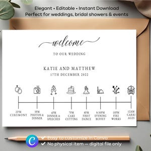 Large Wedding Welcome Timeline Sign Template with Icons, Simple Wedding Order of the Day, Black White Horizontal, Editable Download